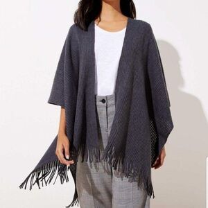 LOFT Fringe Wrap Large Knitted Scarf Shawl Throw Charcoal Winter One Size